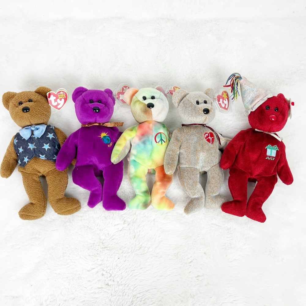 Lot of 5 TY Beanie Babies Bears All Star Dad, Millennium, Peace, Signature, July